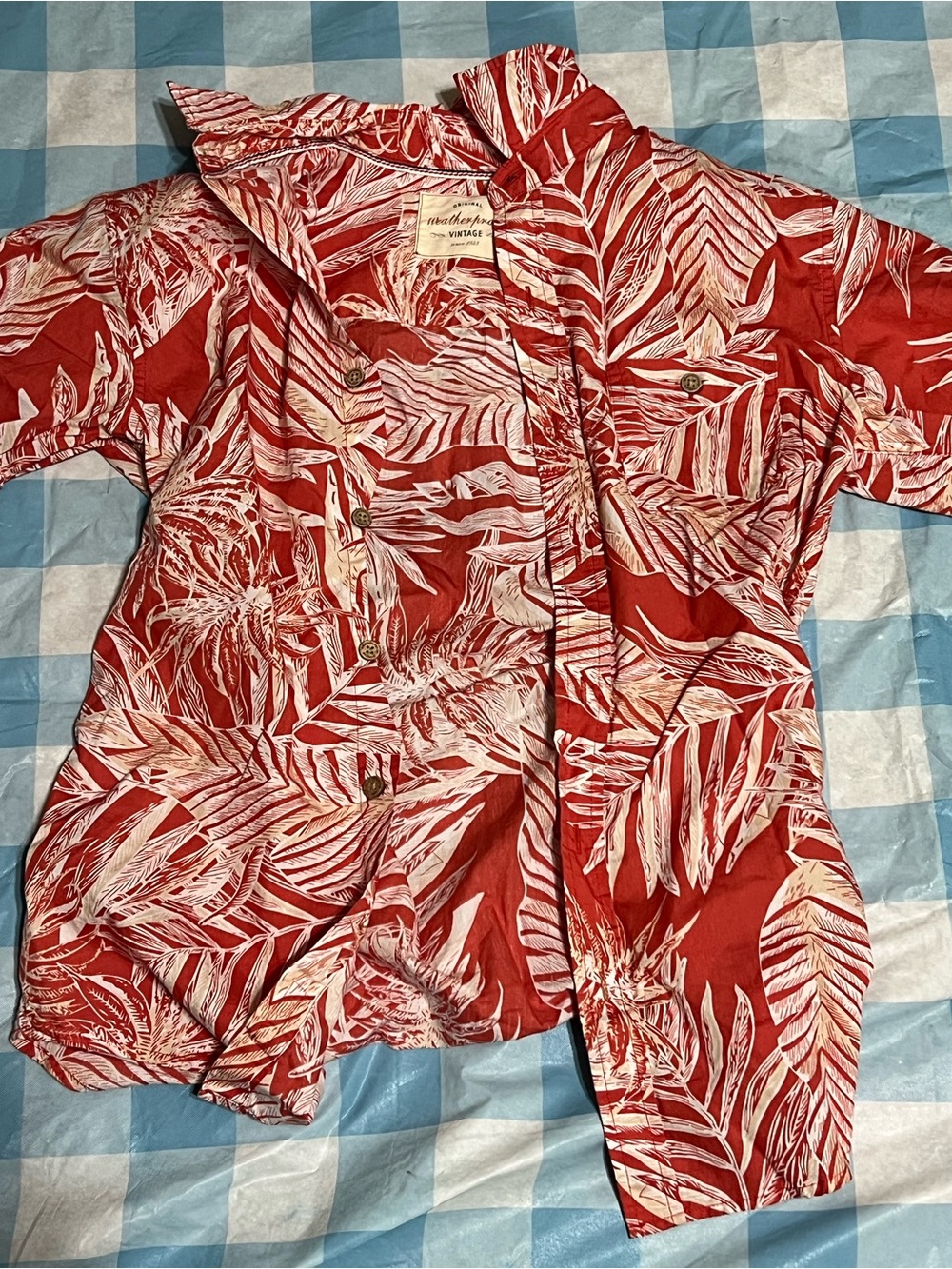 Weatherproof Red and White Tropical Print Button-Up Shirt - Men